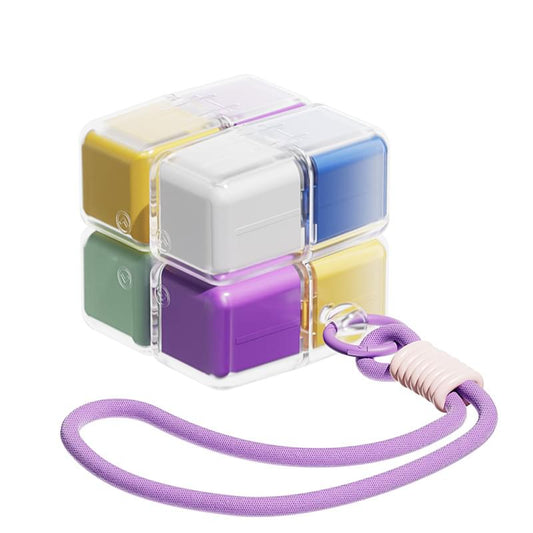 Portable 7-day pill box with 8 compartments, clear lid, purple carrying strap