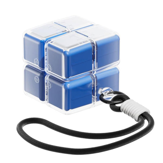 Blue 7-day pill box with 8 clear compartments and black strap