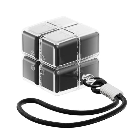 Black 7-day pill organizer case with hinged lid, 8 compartments, and strap