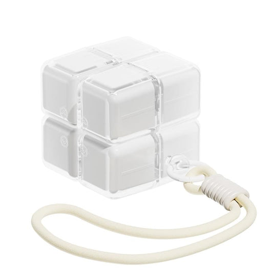 White 7-day pill box with hinged compartments and attached cord handle