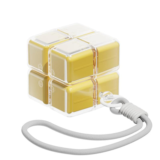Yellow 7-day pill box with clear hinged lids and compartments, portable with cord