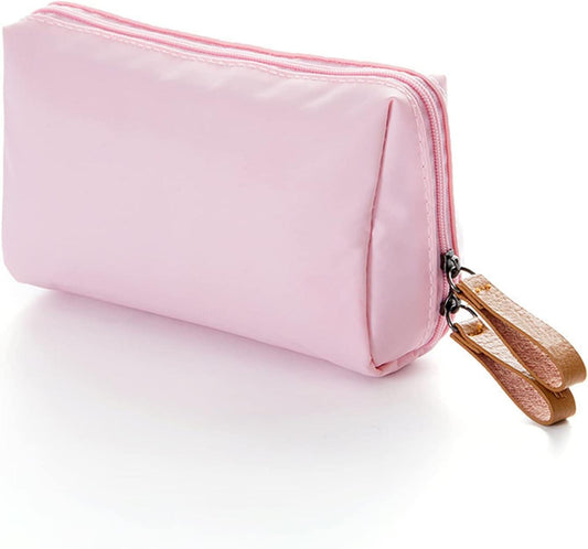 Pink waterproof makeup bag with zipper and wrist strap
