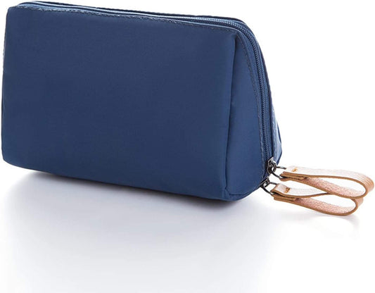 Navy blue waterproof toiletry bag with zipper and top handle loop