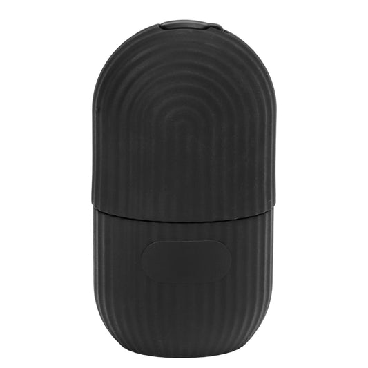 Black silicone ice mold holder with striped texture and snap lid