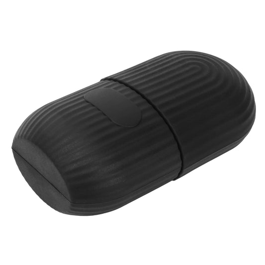 Black striped silicone ice mold holder with snap lid, shown in side view