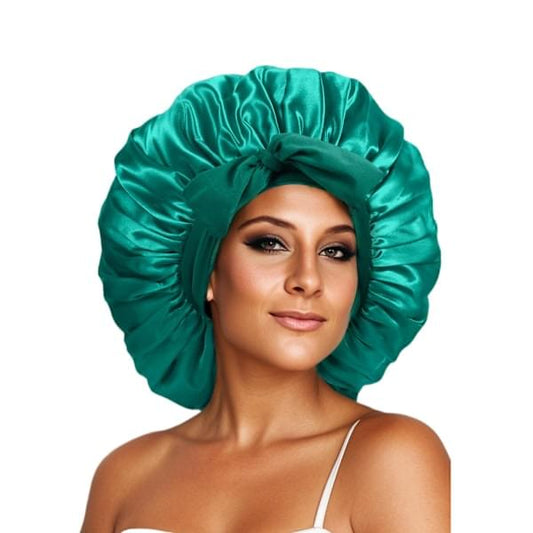 Double-layer satin sleep hair cap with gathered crown and ribbon ties, teal