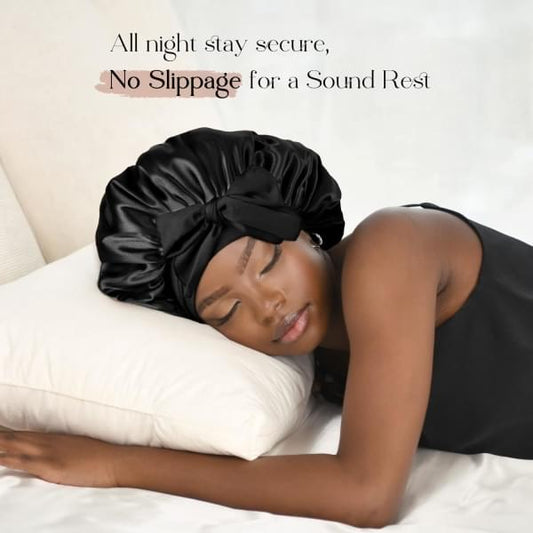 Black satin lined sleep hair bonnet with gathered ruffle and secure tie