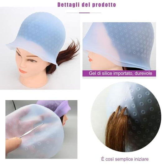 Light blue silicone hair curl cap on mannequin head, elastic edge opening