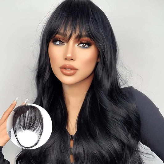 Black clip-in bangs with straight fringe, rounded top, and discreet hair clips