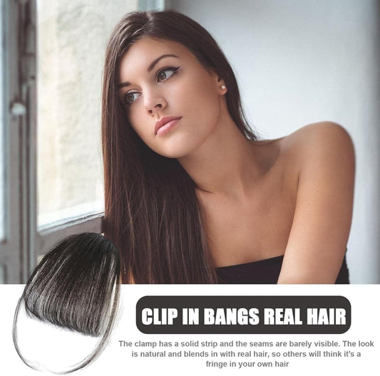 Dark clip-in fringe bangs with smooth long strands, oval hairpiece