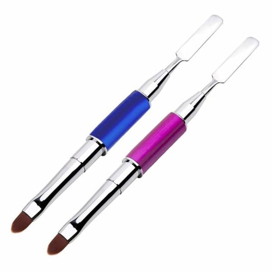 Dual-ended nail art brushes with blue and purple handles, two-piece set