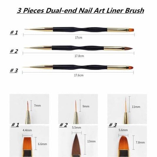 Dual-end nail art liner brushes, three black and gold brushes with pointed tips