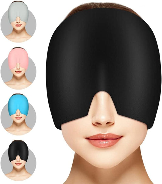 Black headache hat with V-shaped nose opening for eye and head coverage
