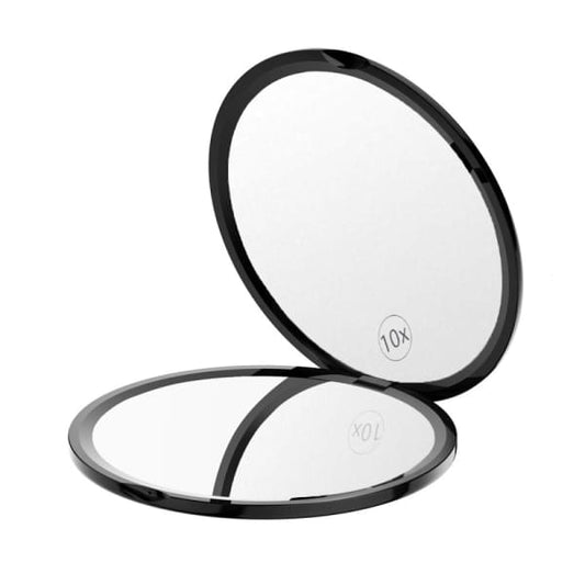Black compact double-sided mirror with 10x magnification, open case, round frame
