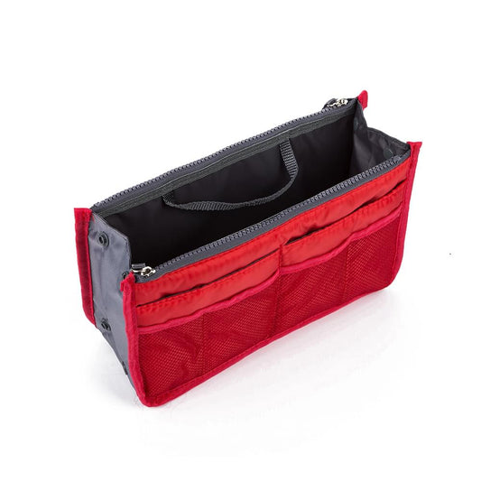 Toiletry bag insert, red exterior with black interior and zippered compartments