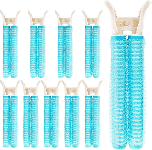 Set of 10 light blue hair root clips with looped roller barrels on white bases