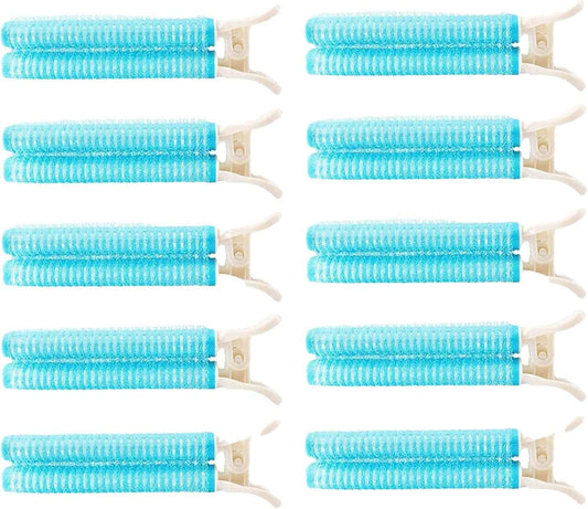 Ten light blue hair root clips with ribbed roller barrels and white clamp backs