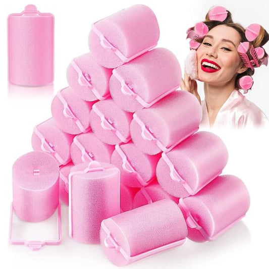 Pink sponge hair rollers with plastic clips, large foam curlers set