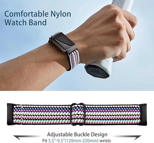 Braided multicolor nylon watch band with adjustable buckle on a wrist