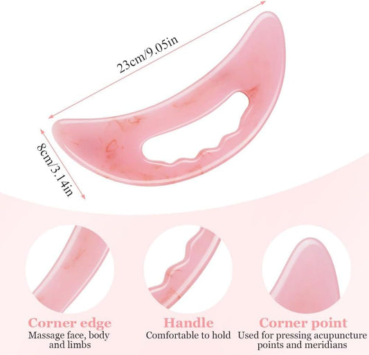 Pink gua sha massager, long curved scraper with handle and oval opening