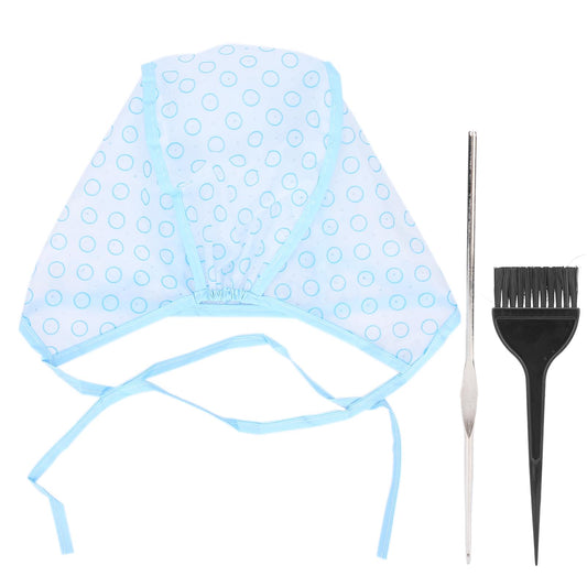 Light blue reusable hair dye curl cap with circular pattern and tie straps