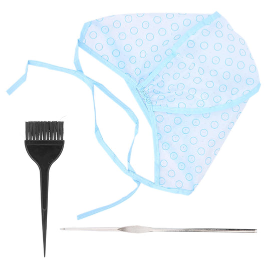 Light blue reusable hair dye curl cap with circular print and gathered elastic edge