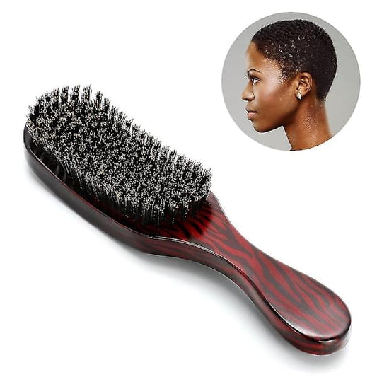 Boar bristle hairbrush with dark bristles and maroon wood-look handle