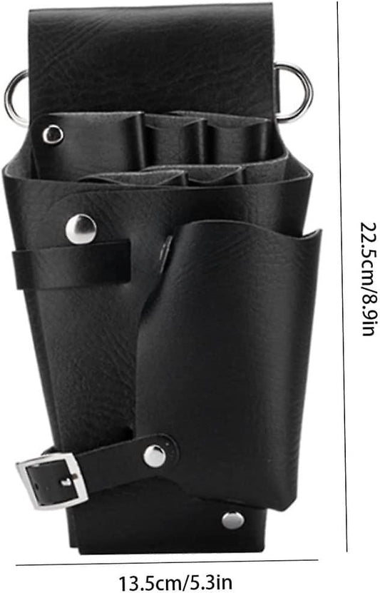 Black leather waist tool bag with multiple tool slots and D-ring handles