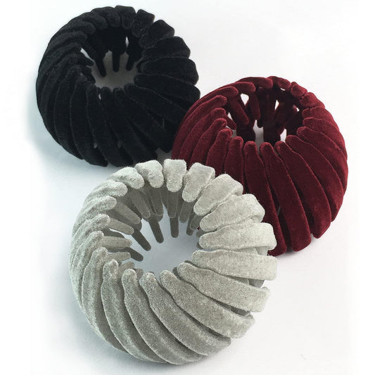 Set of three fabric bird-nest hair clips: black, red, and light gray
