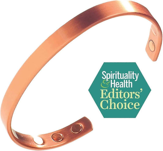 Copper magnetic bracelet cuff with two magnetic pads and oval holes at ends