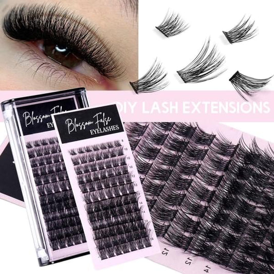 False eyelash clusters on the upper lash line, dark curved lash strip with wispy fibers