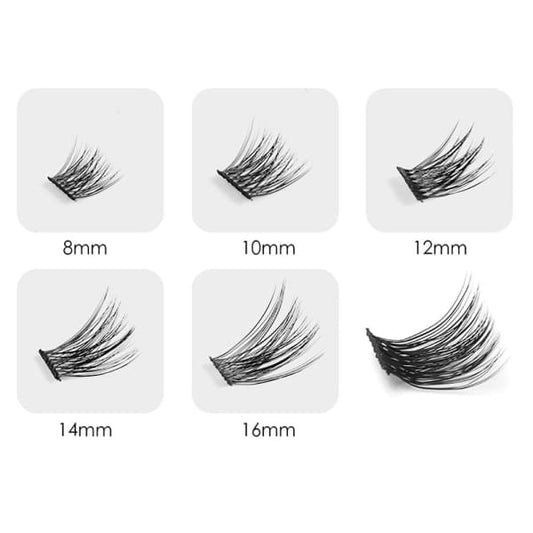 False eyelash clusters with length options 8mm to 16mm, curved dark lash strips