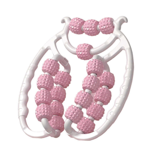 Pink textured roller massage tube with white arched frame, 20 wheels