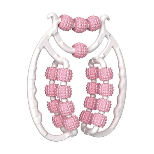 Pink textured wheel rollers on white tubular massage frame, compact leg arm massager