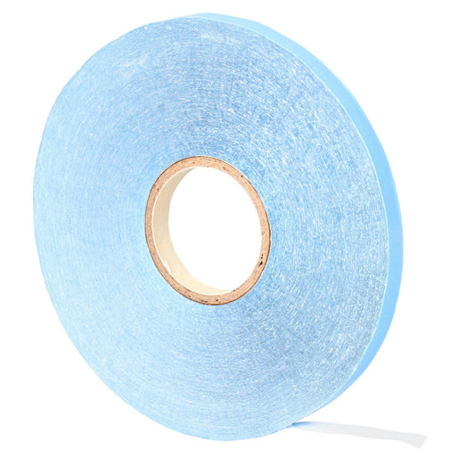 Blue double-sided hair extension tape roll with center hole