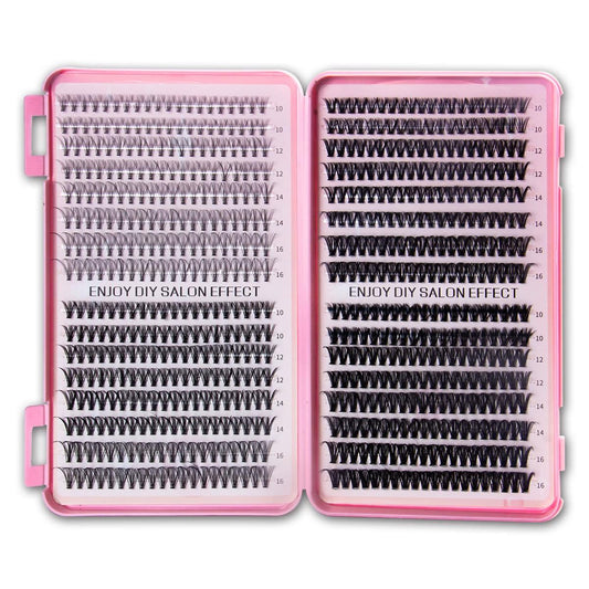 DIY individual eyelash tray with long curved lashes in a pink case