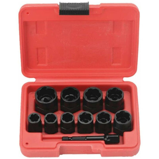 11-piece bolt impact socket set in red plastic toolbox, open with black sockets