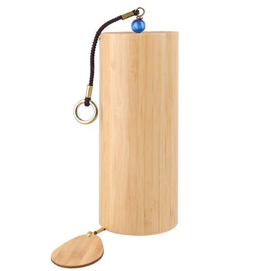 Bamboo wind chime with cylinder wood tube, black cord, blue bead and metal ring