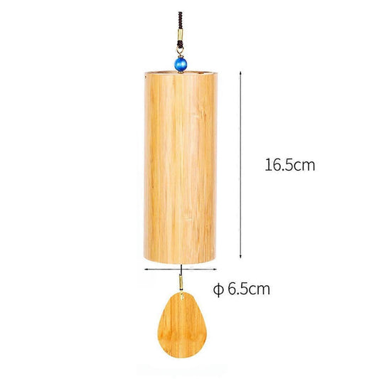 Wooden bamboo wind chime cylinder with blue bead and hanging leaf charm, 16.5 cm