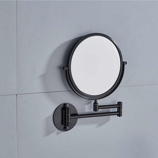 Black wall-mounted round makeup mirror on swivel bracket with extendable arm