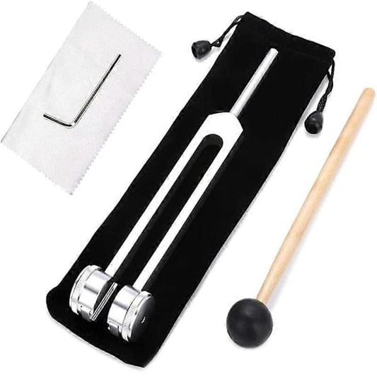 Bio-acoustic tuning fork set with black storage pouch and wooden mallet