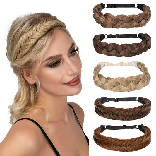 Braided boho hair headband with adjustable belt, three-strand braid, brown tones