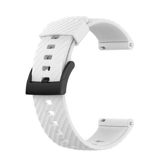 White silicone watch strap with clasp and underside holes, side view.