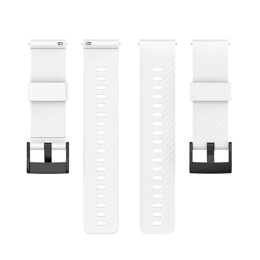 White silicone watch strap with connector lugs and row of adjustment holes.
