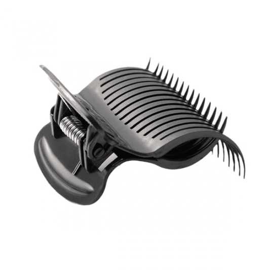Hair roller claw clip in black and silver, with metal comb teeth