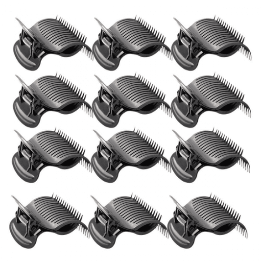 12-piece set of black hair roller claw clips with silver comb teeth