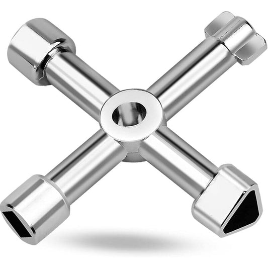 Universal multi-function wrench with four cross arms and socket ends, silver