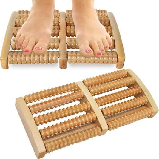 Wooden foot massage roller with two sliding blocks and raised bead rollers