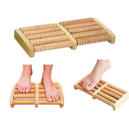 Wooden foot massager roller with twin foot platforms and bead roller tips
