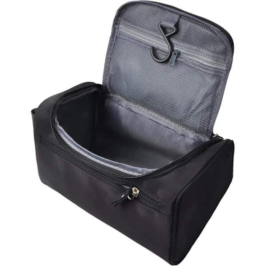 Black small toiletry bag, mesh-lined top pouch, dual zippers